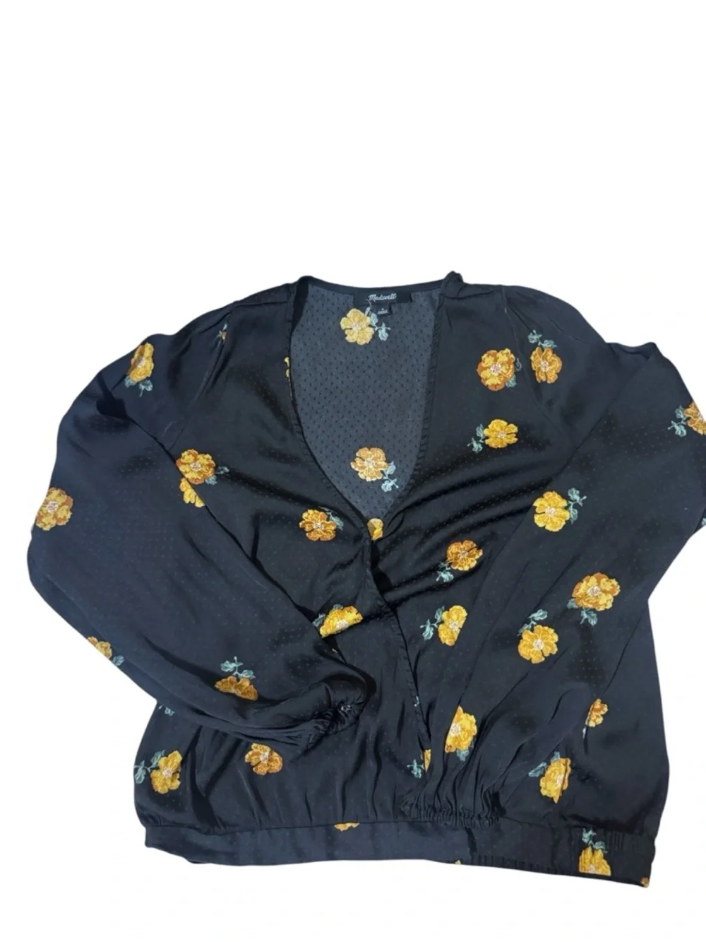 Madewell Black Wrap Blouse with Yellow Floral Print